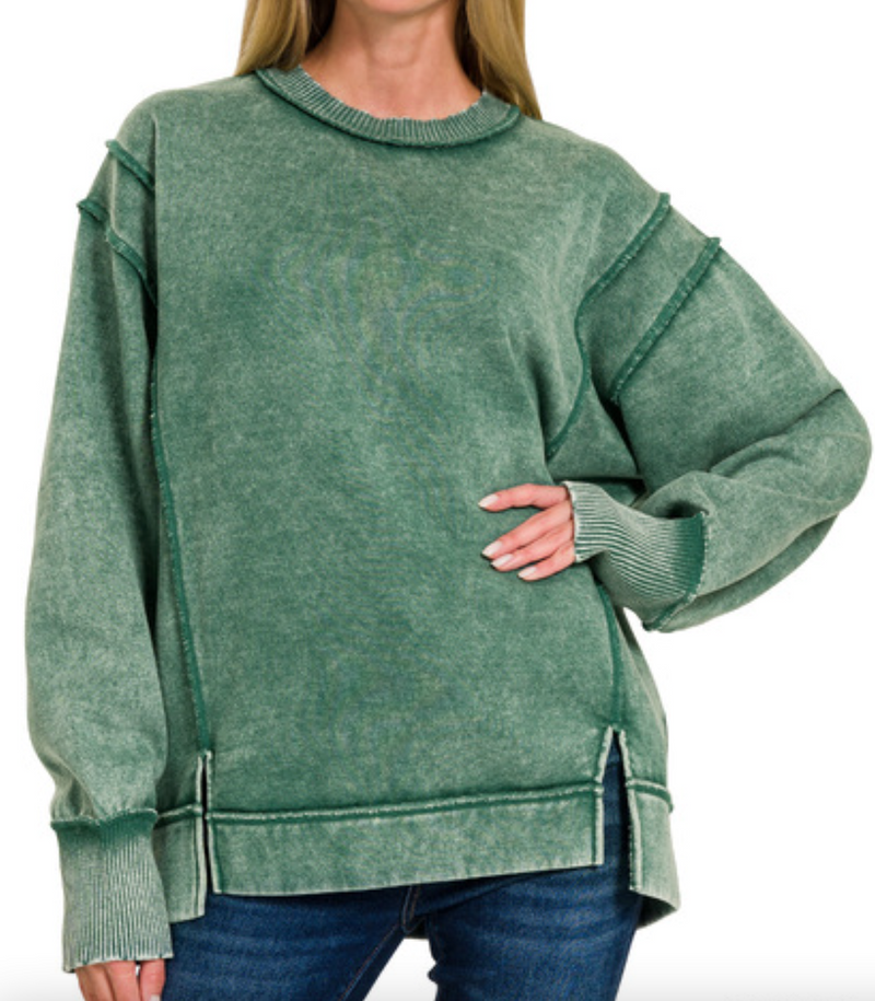Natalia Acid Wash, Exposed Seam Fleece Sweatshirt