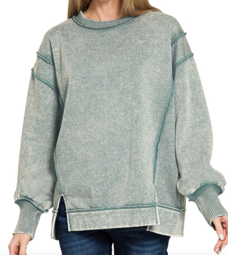 Natalia Acid Wash, Exposed Seam Fleece Sweatshirt