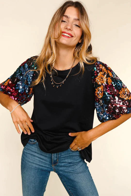 Claudia Sequined Bubble Sleeve Top - Curvy