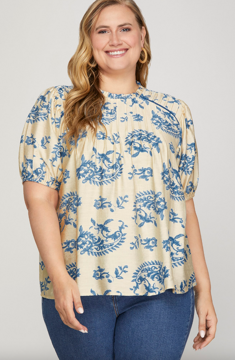 Paisley Ruffled Neck Blouse - Curvy