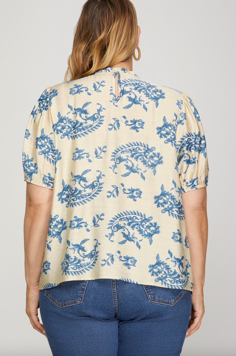 Paisley Ruffled Neck Blouse - Curvy