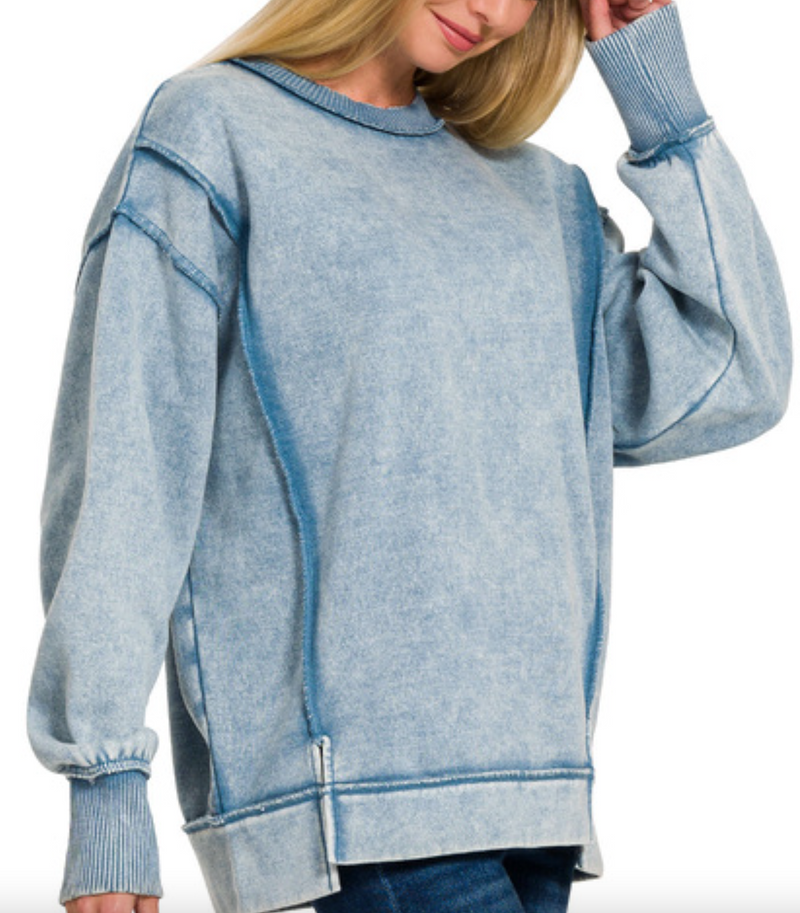 Natalia Acid Wash, Exposed Seam Fleece Sweatshirt