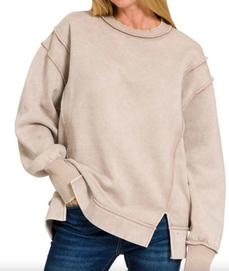 Natalia Acid Wash, Exposed Seam Fleece Sweatshirt