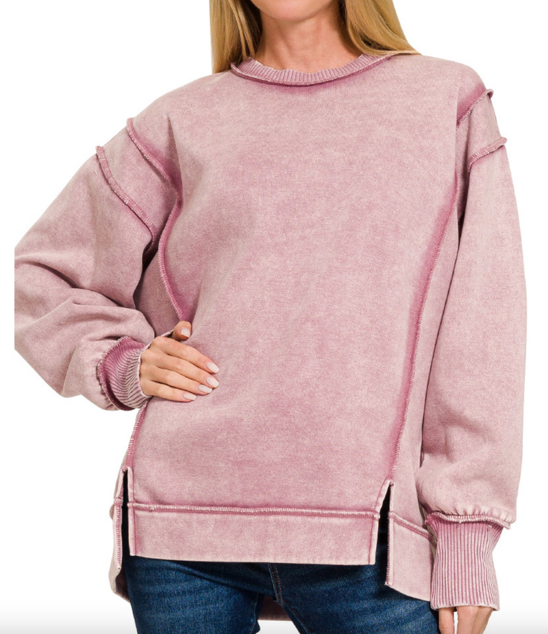 Natalia Acid Wash, Exposed Seam Fleece Sweatshirt