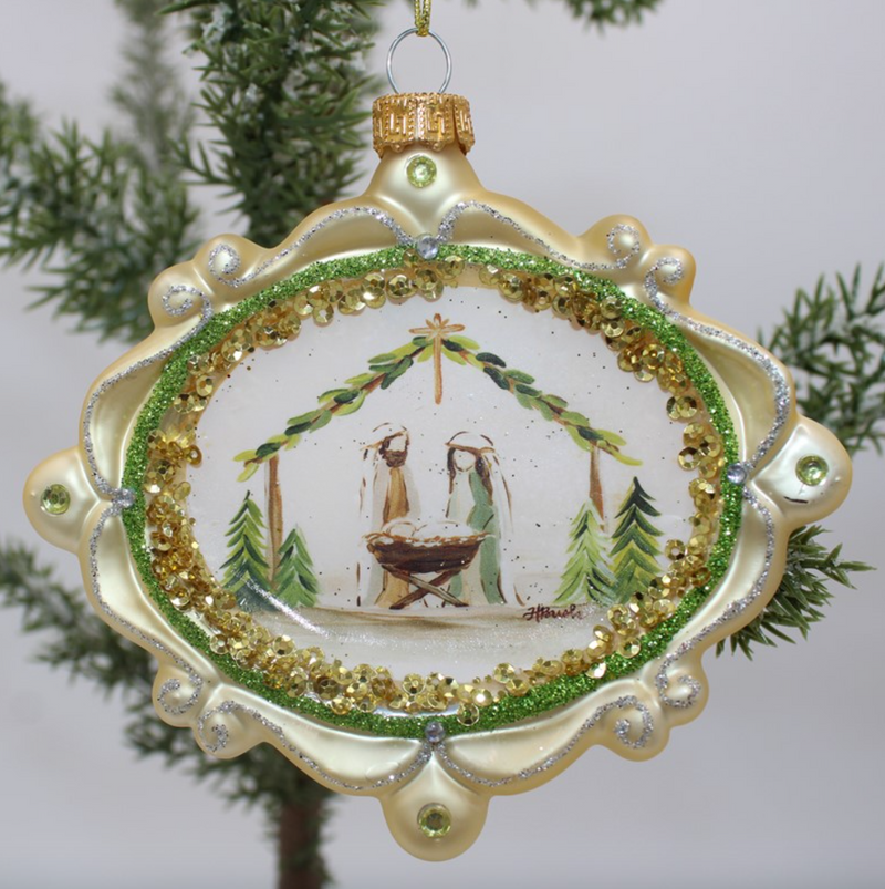 Glass Evergreen Nativity Ornament, Gold Trim Glittered