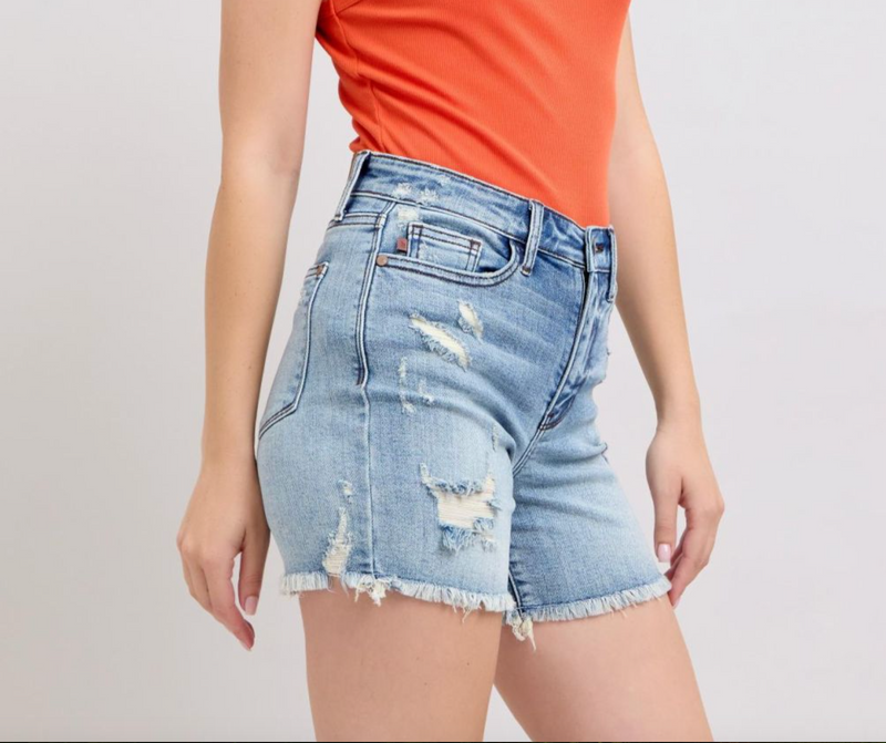 Lena Long Inseam High Waist Distressed Short