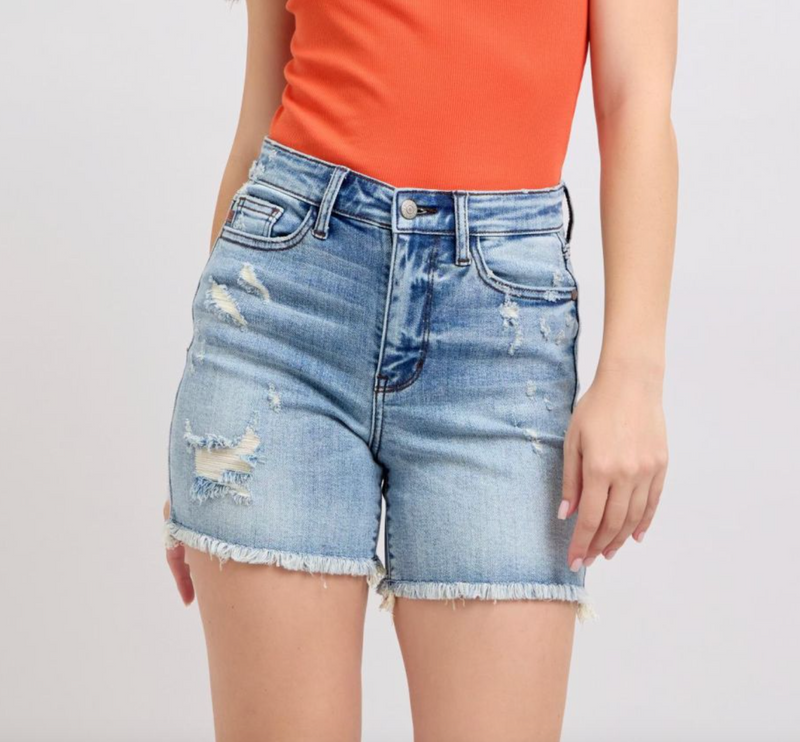 Lena Long Inseam High Waist Distressed Short