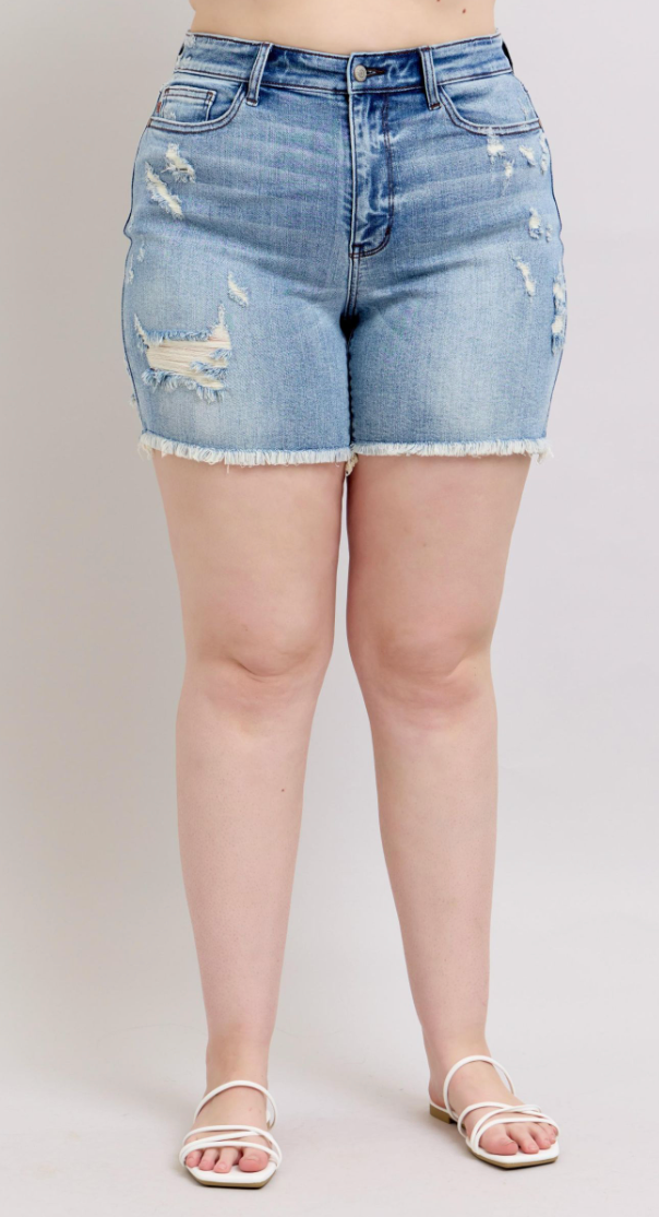 Lena Long Inseam High Waist Distressed Short - Curvy