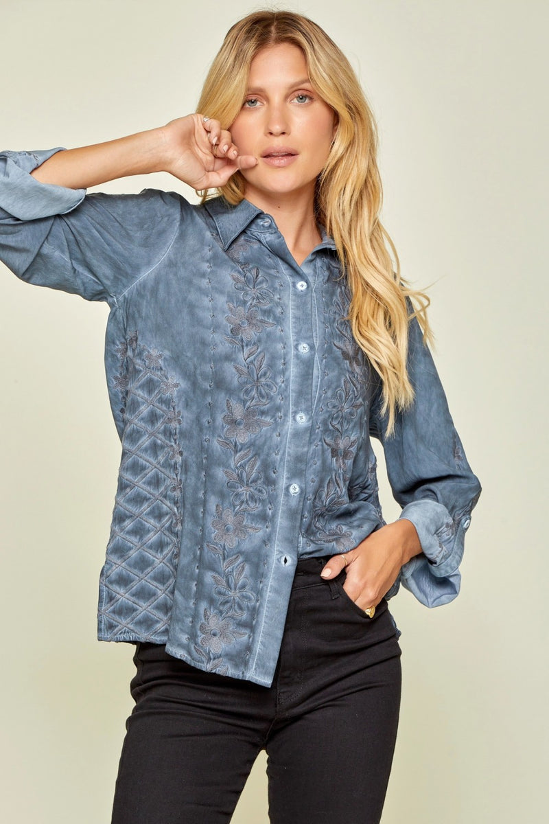 Willa Embroidered Button Up Top - Curvy